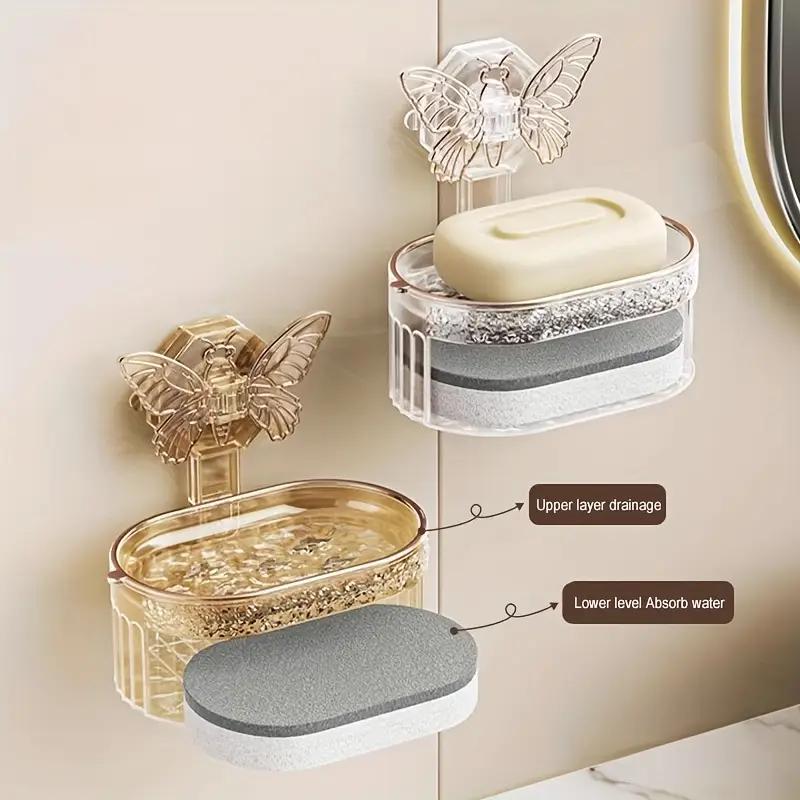 1PCS Punch-free Butterfly Suction Cup Soap Box Double-layer Soap Drain Storage Rack Kitchen and Bathroom Wall-mounted Soap Box