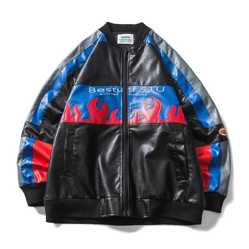 

Ретро лоскутная цветная контрастная пламенная вышитая куртка из искусственной кожи, мужская повседневная модная куртка, уличный гоночный костюм в стиле хип-хоп