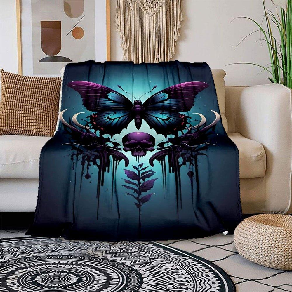 Dark Butterfly Skull Tattoo Design Art Print Blanket Flannel Throw Blanket for Sofa, Bed, Travel, Camping, Office 100x150cm