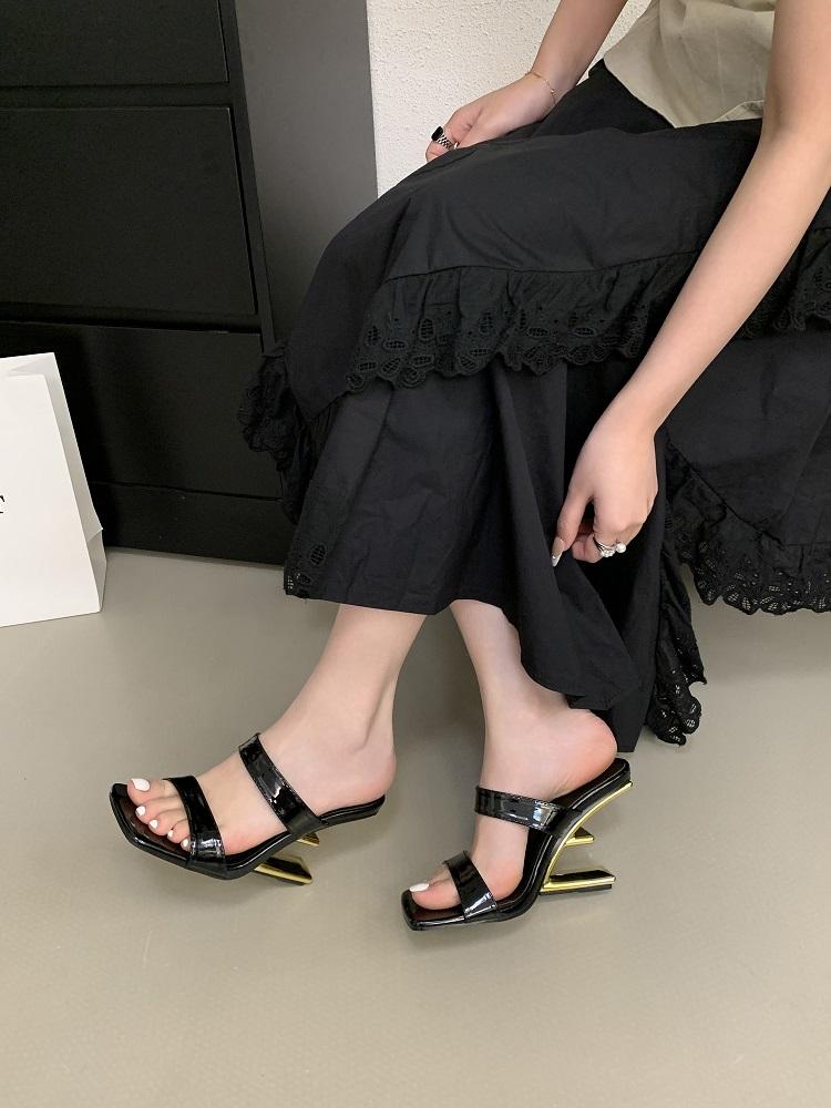 Eilyken Design Style Fretwork High Heels Square Toe Woman Slippers Fashion Summer Banquet Dress Slide Shoes