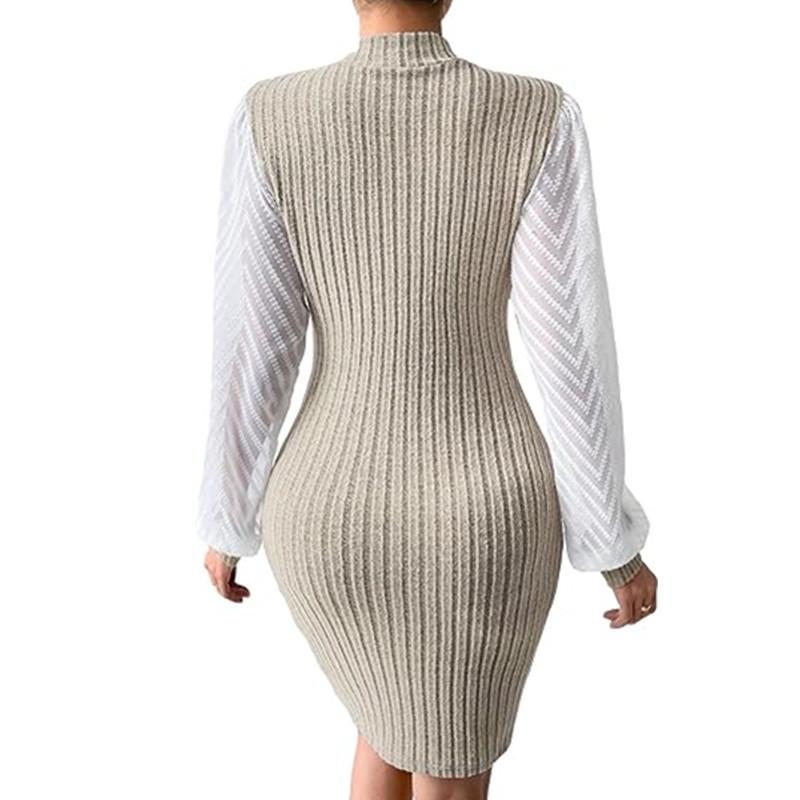 Women's High Neck Ribbed Knit Long Sleeve Bodycon Mini Dress