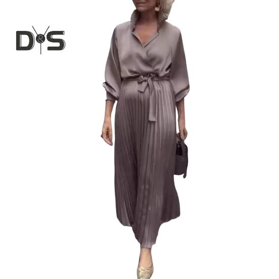 Women Dress Lapel V-Neck Long Sleeve Lace-up High Waist Long Dress Solid Color Pleated Hem Shirt Dress