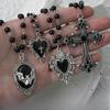 Personality Retro Vampire Bat Cross Heart-shaped Pendant Black Round Bead Chain Necklace for Women Gothic Hallowmas Jewelry Gift