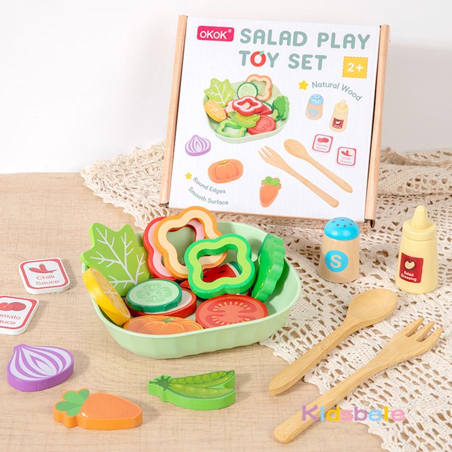 Kid Diy Wooden Kitchen Simulation Food Set Play Simulation Fruit Vegetable Salad Toy With Sauce Bottles Birthday Gift For Girls