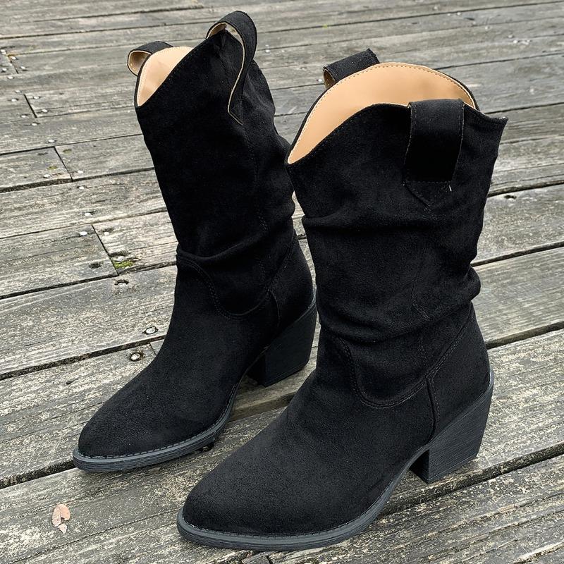 Fashion New Luxury Retro Brown Western Cowboy Long Boots Women's Fashion Mid-Calf Pointed Toe Boots Spring Autumn Winter Rubber Shoes