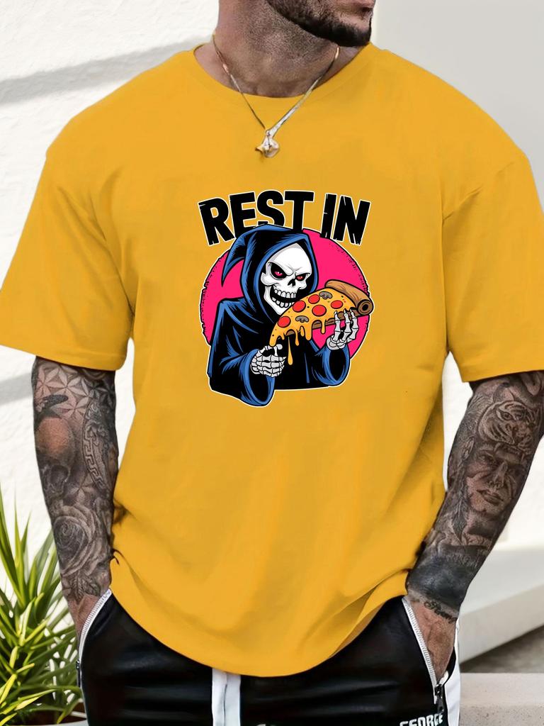 Mens Casual Tshirt Grim Reaper Pizza REST IN Print Short Sleeve Round Neck Breathable Oversized Daily Wear Tee
