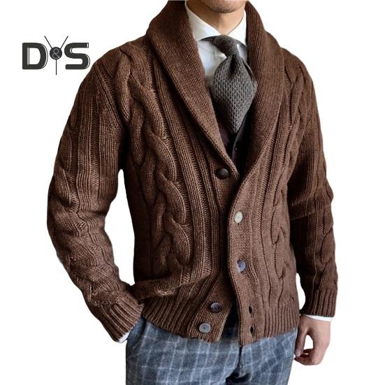 

Мужской свитер кардиган с лацканами, длинный рукав, застежка на пуговицы, однотонное трикотажное пальто свободного кроя, повседневная верхняя одежда XL коричневый