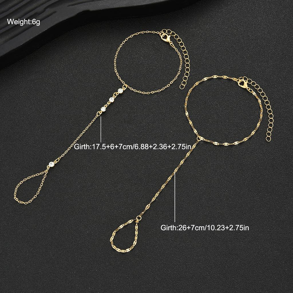 2pcs Gold Color Hand Chain Bracelets Set for Women Boho Vintage Geometric Zircon Ring Bracelet Daily Beach Party Jewelry Gift