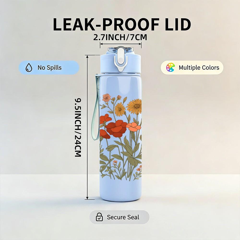 1PC Wild Orange Flower Bouquet Art 750ml Color Plastic Sports Water Bottle Leakproof Flip Straw Lid Suitable for Sports Office Home Use