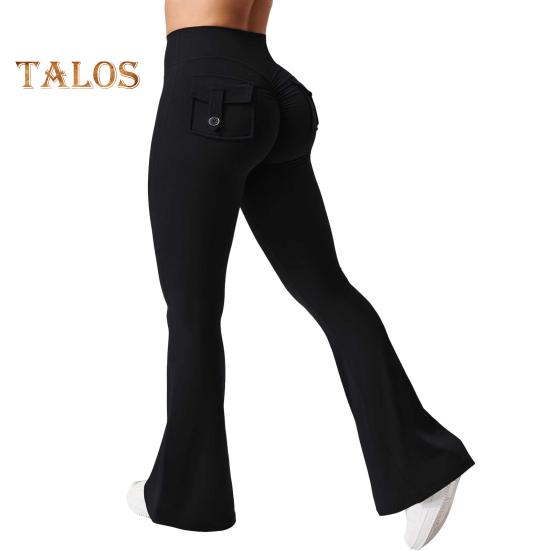 Women Yoga Pants Solid Color Slim Fit Flared Pants with Pockets Thin Elastic Cargo Style Sexy Ruched Long Pants