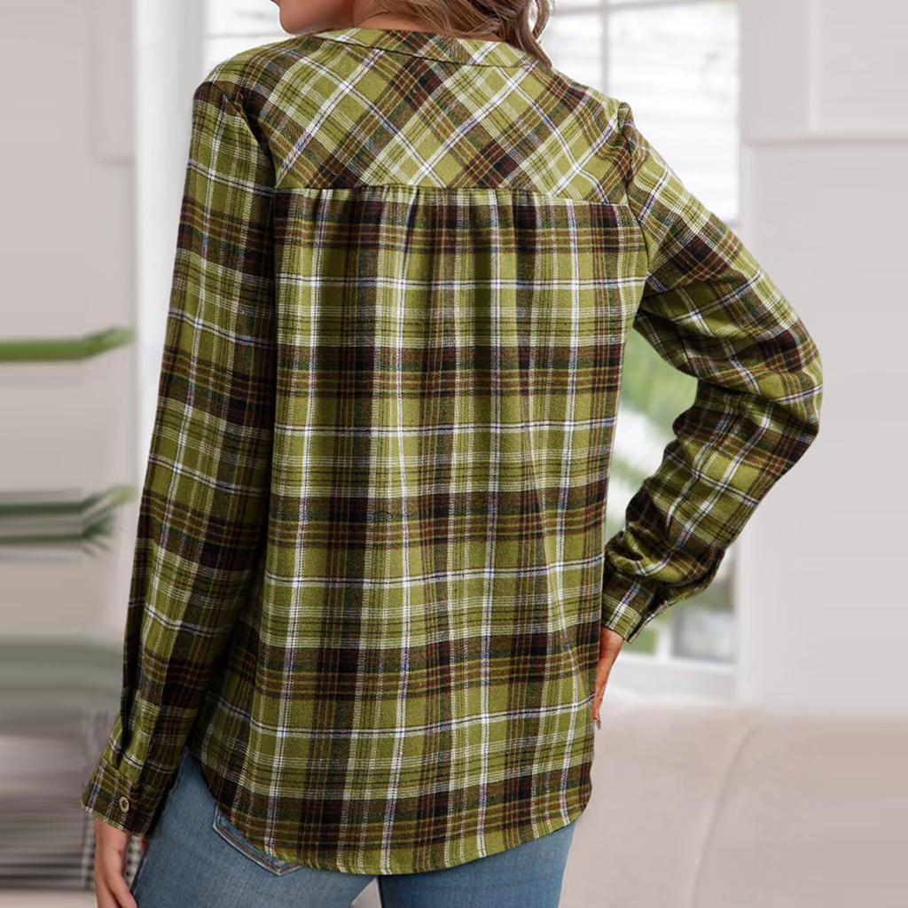 Dámská kostkovaná košile s výstřihem do V, Módní ležérní top na knoflíky