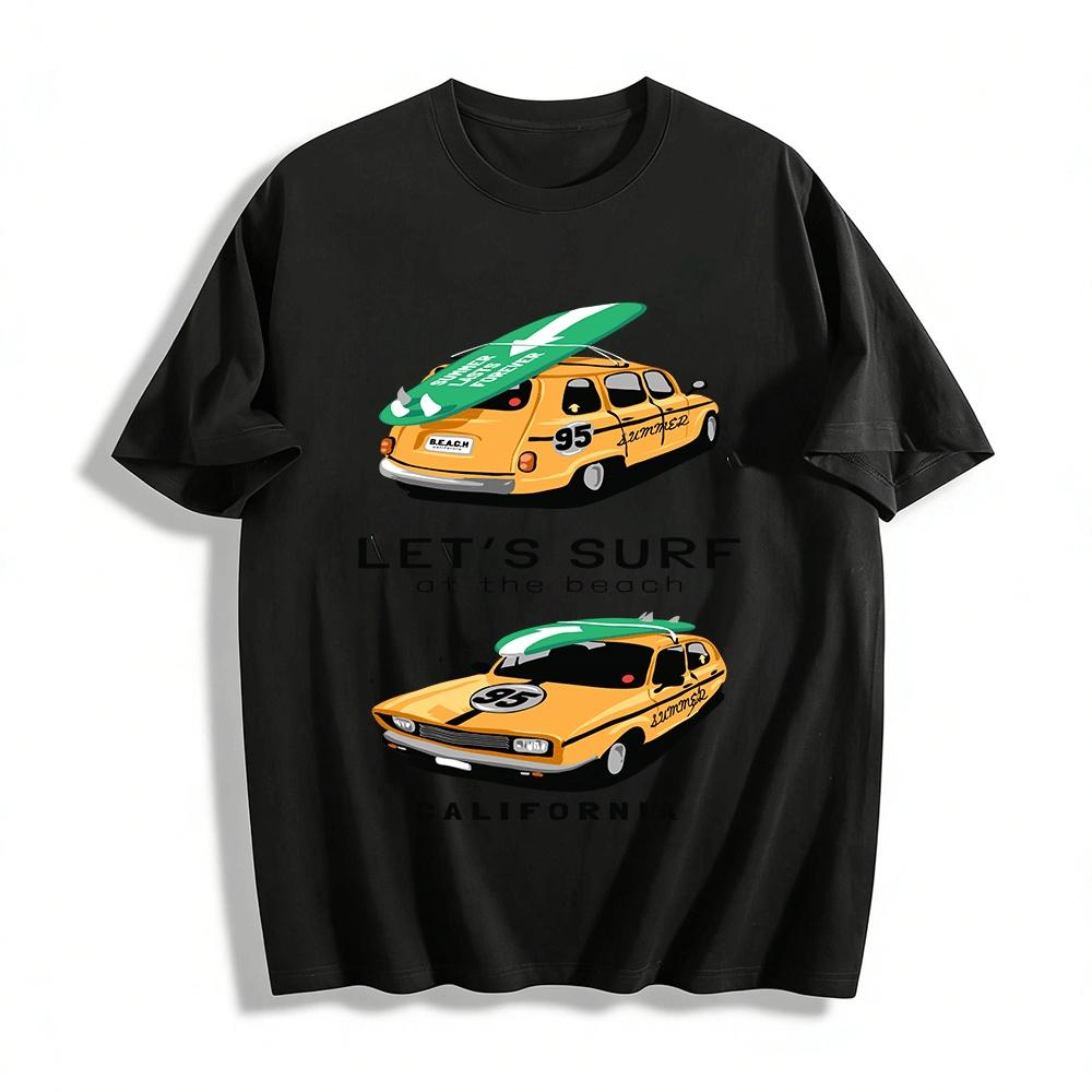 California Retro Surf Car Print Tee Beach Vacation Casual Short Sleeve Pure cotton T-shirt XXS