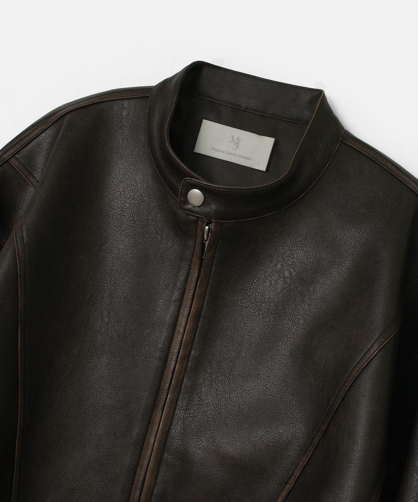 Mood Inside Washed Stitch Biker Leather Jacket_Brown