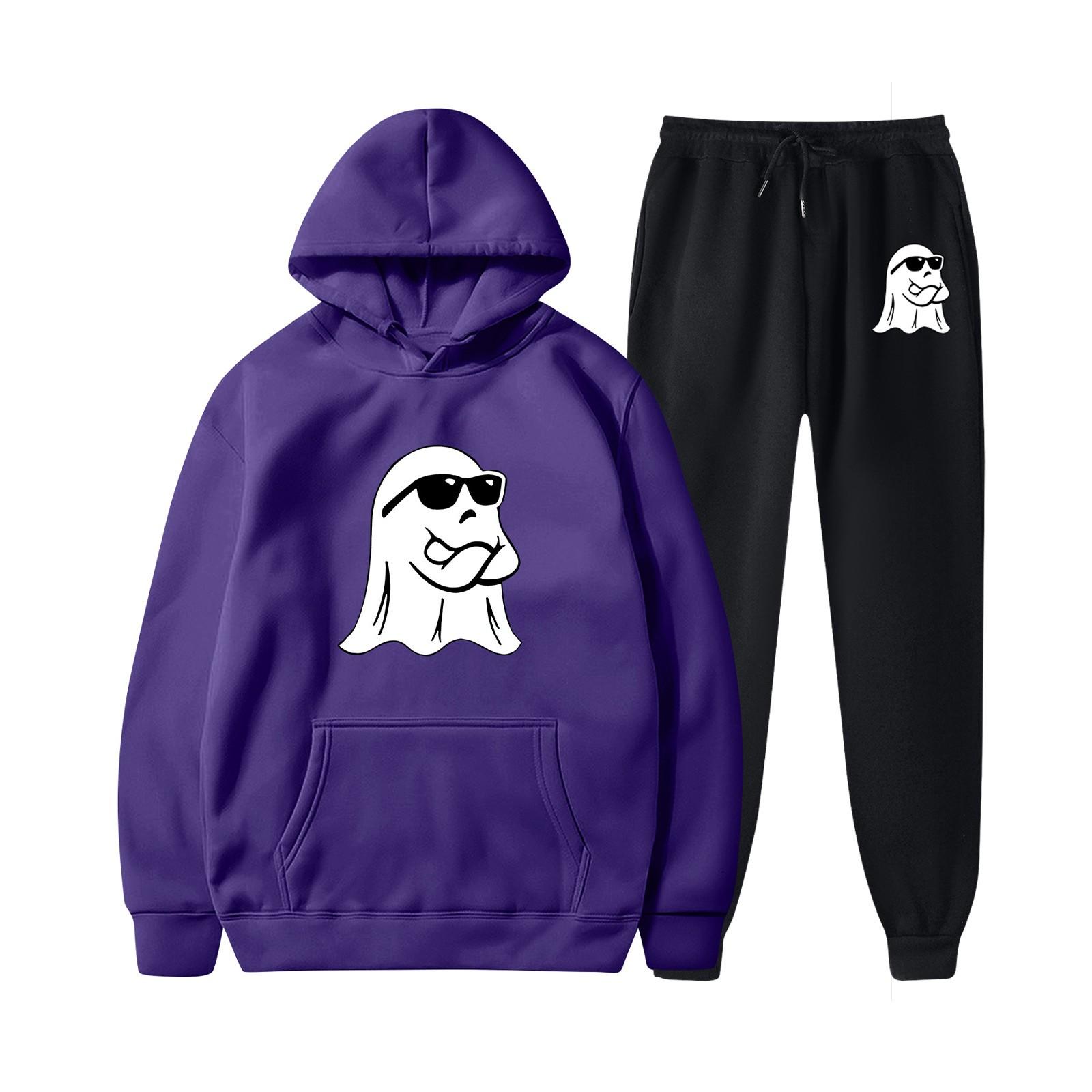 

Женские плюшевые штаны, свободный свитер с длинным рукавом, принт на Хэллоуин и комплект из двух предметов с капюшоном и веревкой M фиолетовый