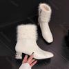 Herfst en Winter Nieuwe Laarzen voor Dames Strass Dikke Hak Veelzijdig Wit Bontachtig Enkellaarsjes Mode Leer Korte Botines