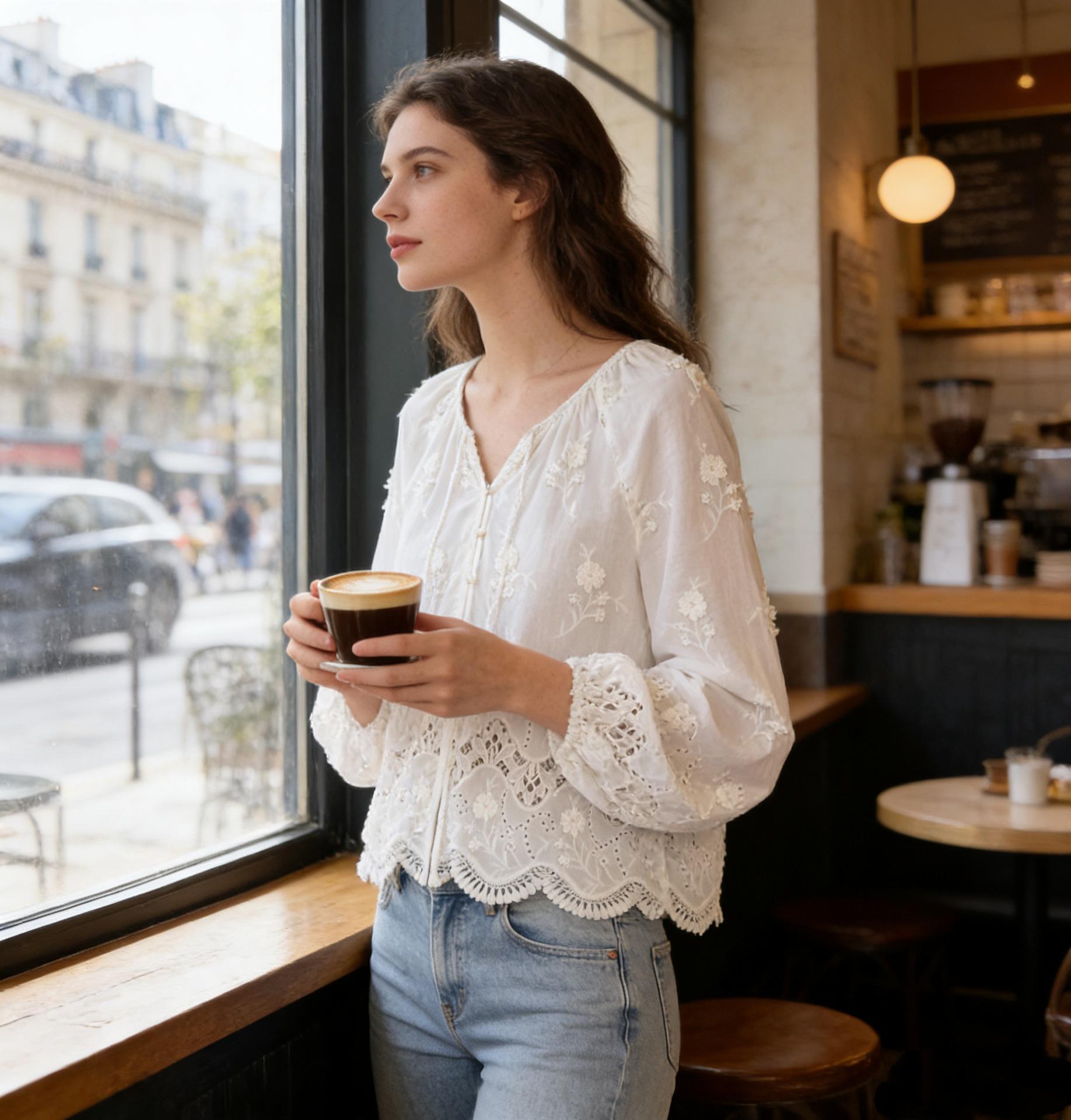 Nanyou Spring 2026 Women s V-neck Embroidered Hollow-out Lantern Sleeve Top M белый