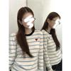 Love Embroidered Knitted Bottoming Shirt Women's Spring Contrasting Blue and White Striped Sweater Versatile Top