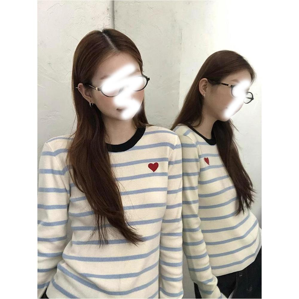 Love Embroidered Knitted Bottoming Shirt Women's Spring Contrasting Blue and White Striped Sweater Versatile Top