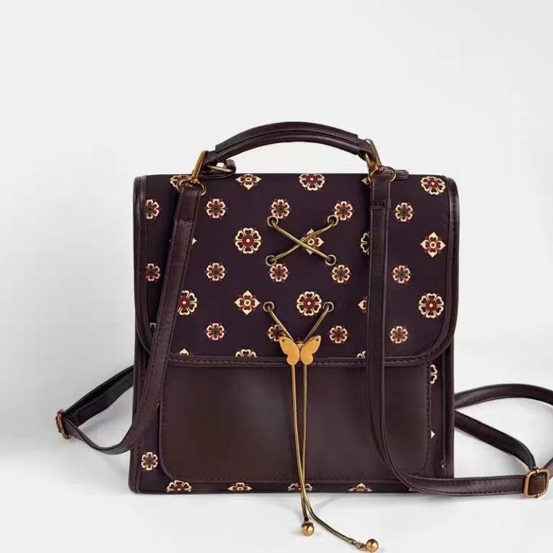 Maomusi new Chinese retro printing treasure flower backpack crossbody women's handbag backpack commuter leather pu