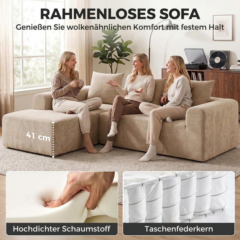 Corner Sofa with Chaise Longue, Frameless L-Shaped Cloud Sofa in Chenille, Deep Seat, Pocket Springs, Beige