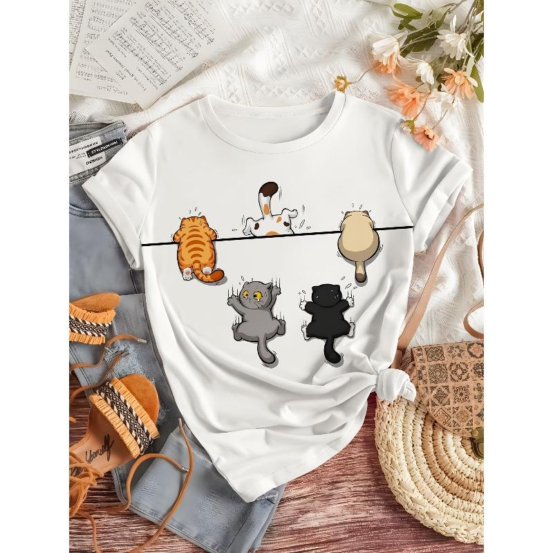 European sizesRound Neck Casual Top, White with Colorful Cat Design, Breathable & Comfortable for Spring/Summer, Casual Attire, Cat Tshirt