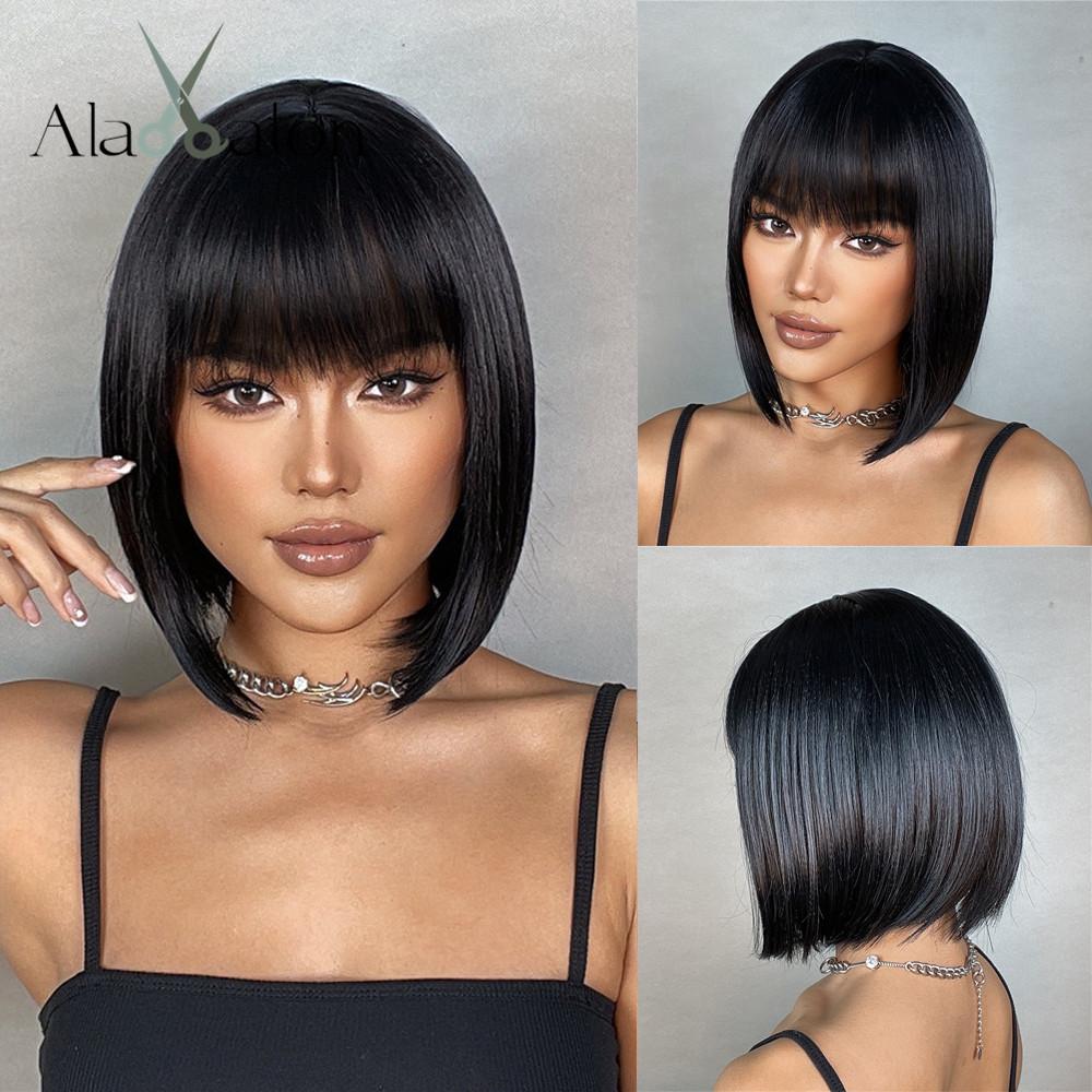 ALAN EATON Short Ombre Blonde Wig for Women Natural Straight Synthetic Hair Bob Wigs with Bang Party Daily Heat Resistant Hair