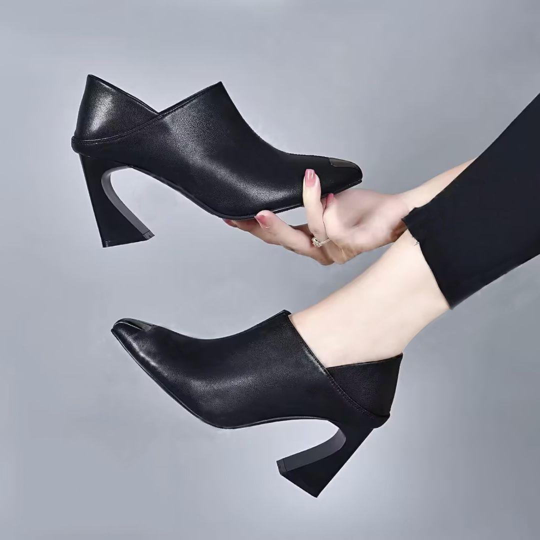 

Comfortable anti-kick pointed deep mouth single shoes 2025 spring and autumn new two wear thick heel soft leather casual high heel small leather 34 чёрный