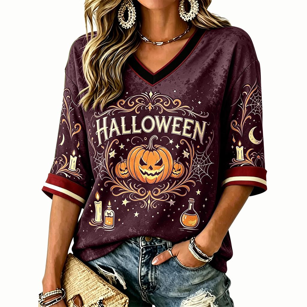 Damska koszulka z nadrukiem na Halloween, z dekoltem w serek, z krótkim rękawem, casualowy top