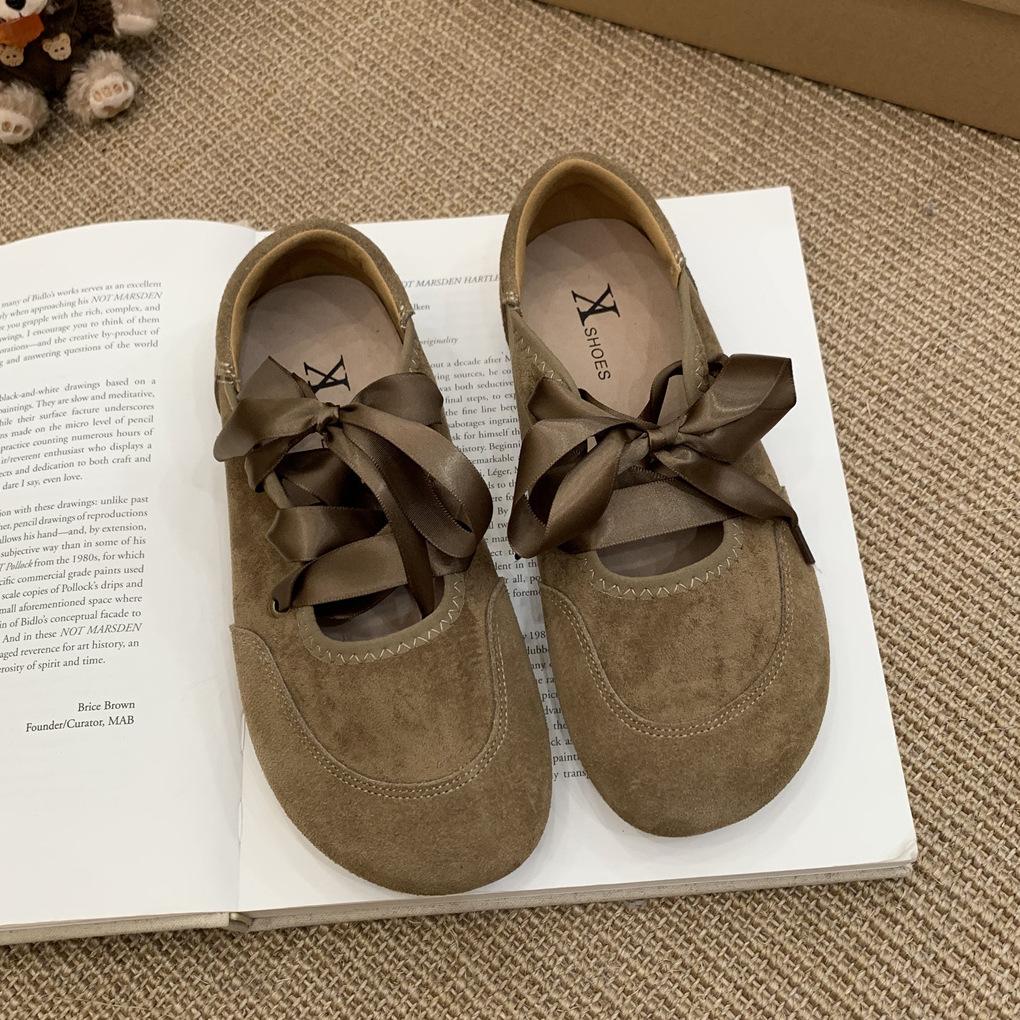 French retro style bow satin shoelaces ballet shoes Mary Jane shoes soft flat comfortable soft leather single shoes women
