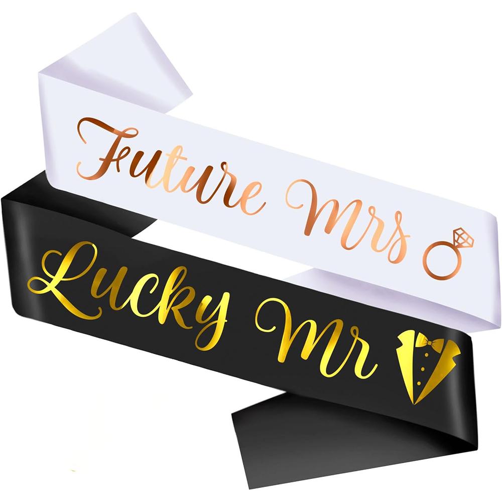 

Future Mrs & Lucky Mr Sash Bride Groom Sash Kit Gold Glitter Wedding Bridal Shower Bachelorette Party Decor Engagement Gifts 9x150cm