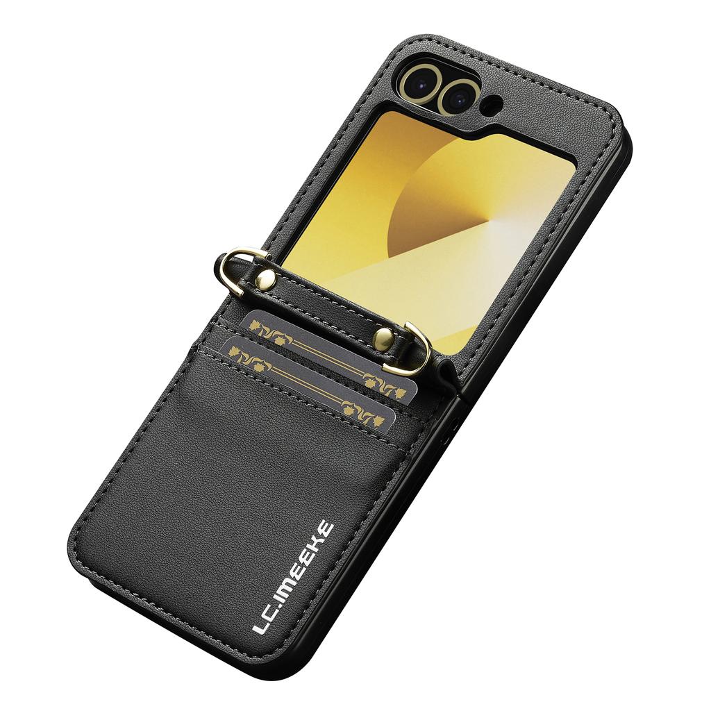 LC.IMEEKE for Samsung Galaxy Z Flip6 5G Case Leather+PC Phone Cover with Straps Card Slots