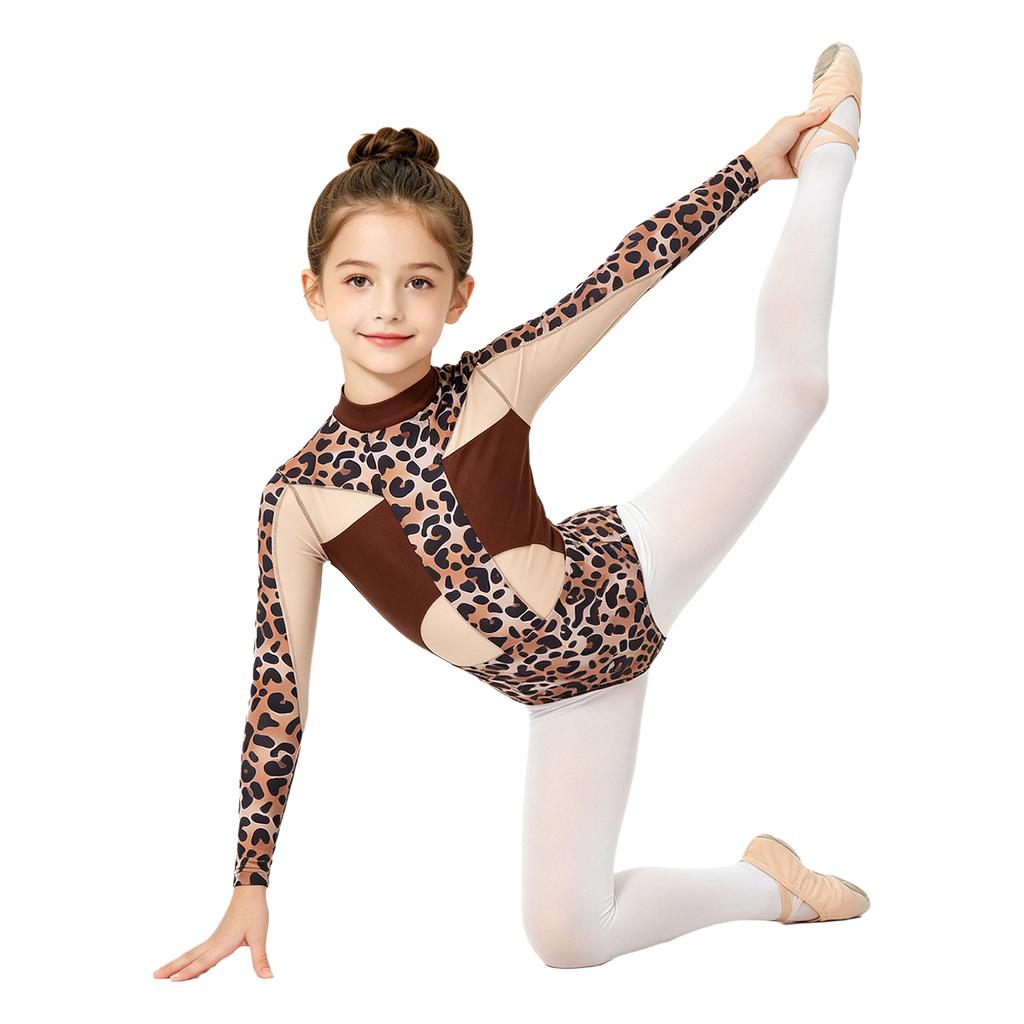 Kids Girls Dance Competition Bodysuit Printed Mesh Long Sleeve Leotard Jumpsuit with Press Button Crotch for Gymnastics Stage
