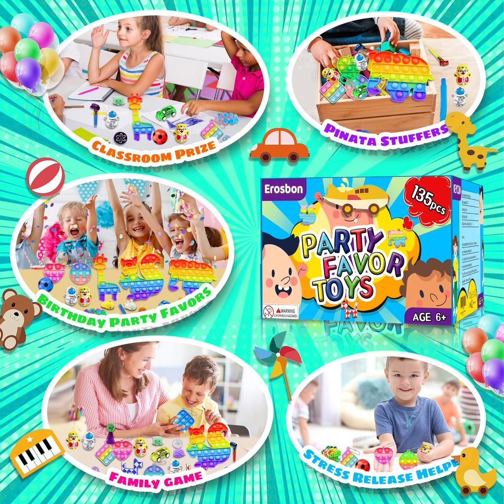 117/124/135pc Kids Birthday Pinata Toys Snap Bracelets Push Bubble Fidget Toys Carnival Prize Pinata Filler Bulk Toys Kids Gifts