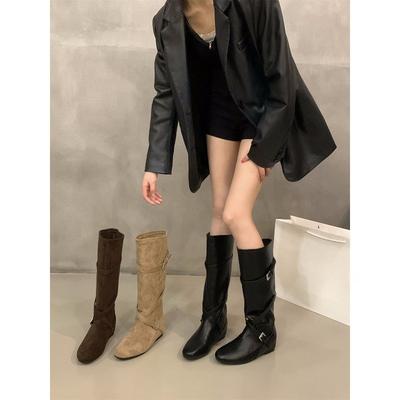 Inner Height Increasing Coffee Suede Stacking Boots Boots Women's Boots Autumn and Winter Vintage Maillard Long Knight Boots