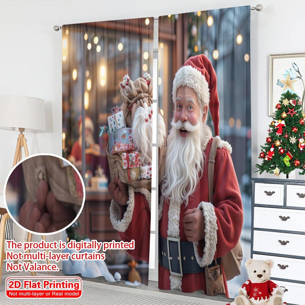 2pcs 2D Flat Printing Merry Christmas Popular Window Curtains Santa Claus Gifts Festive Joy 100% Polyester Without Electricity