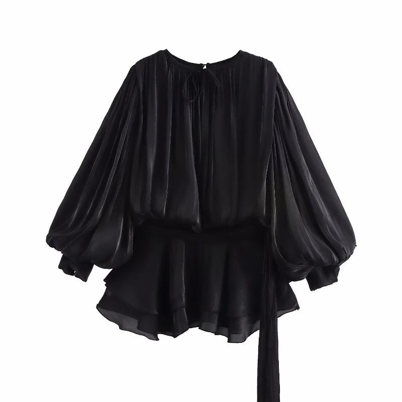 

Fashionable and Minimalist Three Color Bubble Sleeve Ruffled Short Skirt with Ruffled Edges Loose Mesh Top M чорний