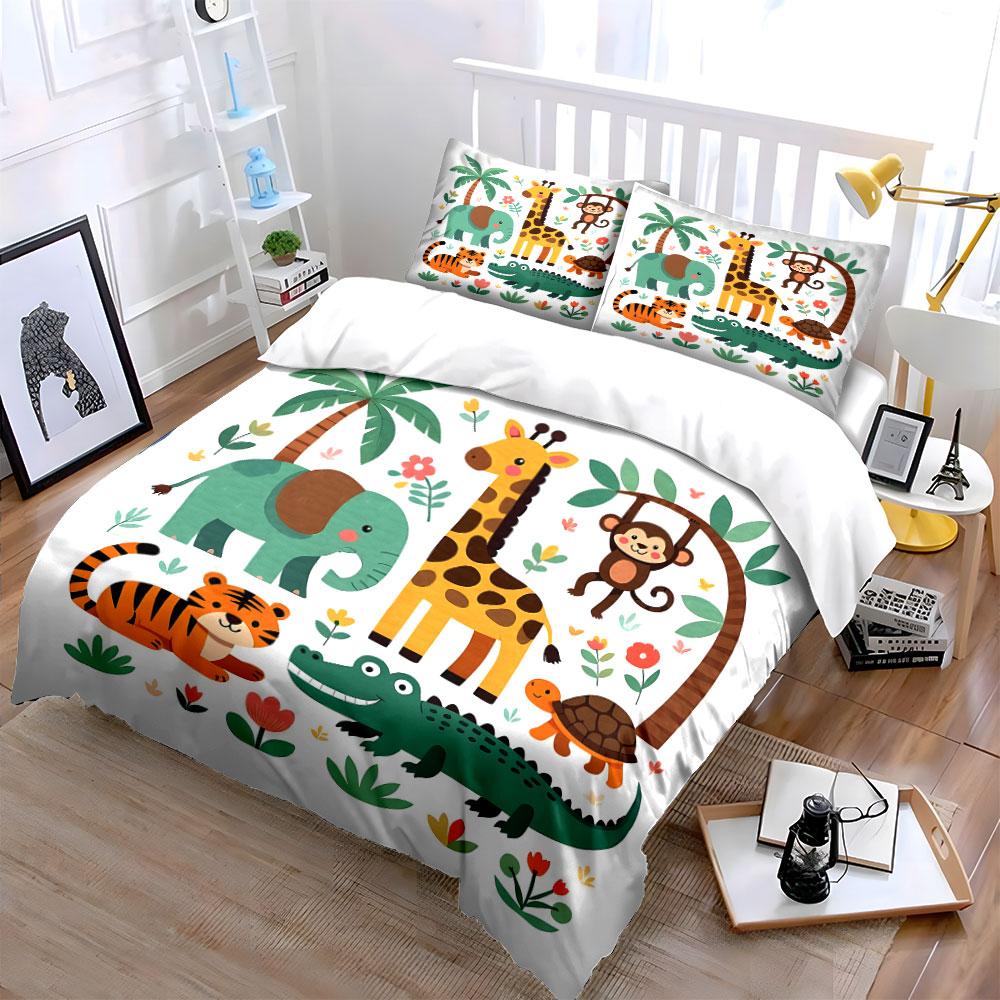 Cartoon Animals With Nature Elements Bedding Set For Kids Luxury Gift 3Pcs Digital Print Comforter Set Soft Comfortable