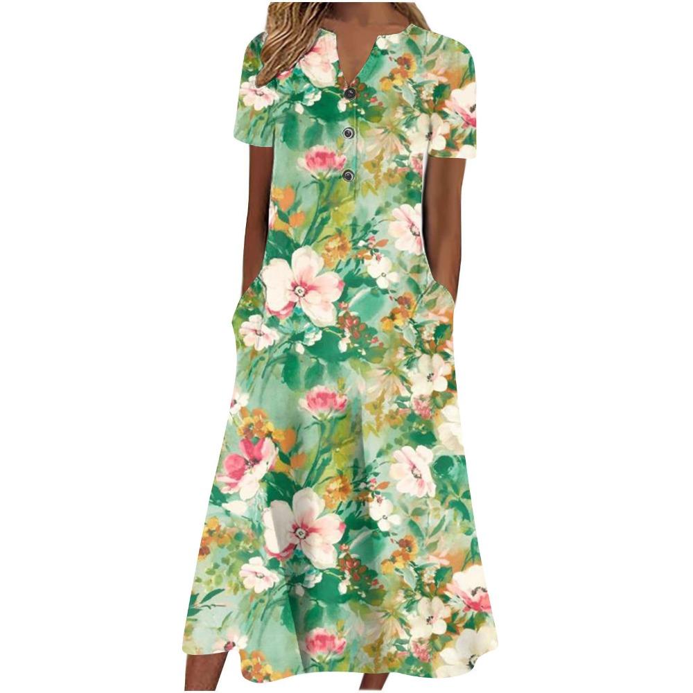 Women's V‑Neck Button Short Sleeve Midi Dress Loose Printed Casual Dress With Side Pockets