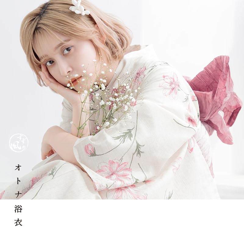(Dita) Dita Women's Yukata 5-Piece Set: Heiko Obi (Sash), Blue, White, Navy, Pink Floral Watercolor Pattern, Natural, Easy To Wear by One Person (2.