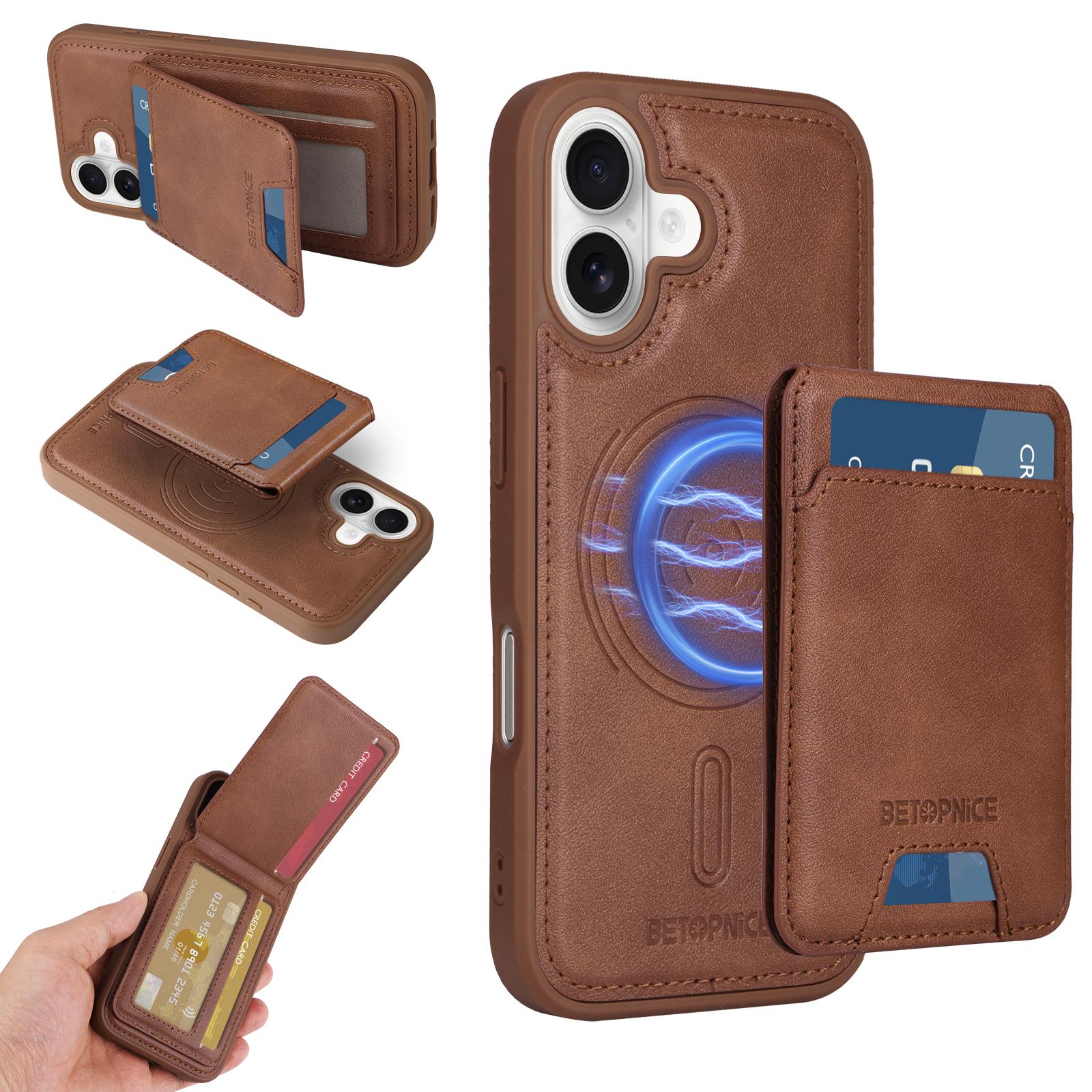 

For iPhone 16 Magnetic Case BETOPNICE RFID Blocking Leather Phone Back Cover with Detachable Card Bag Brown