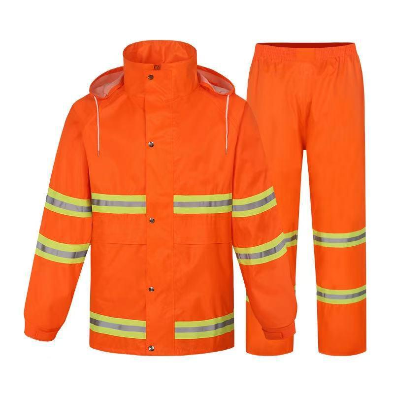 Men's Orange Raincoat & Pants Set with Reflective Strips for Construction and Cleaning
