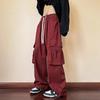 Pantalones Cargo Anchos para Mujer con Cintura de Cordón Color Borgoña Casual Sueltos Streetwear Y2K