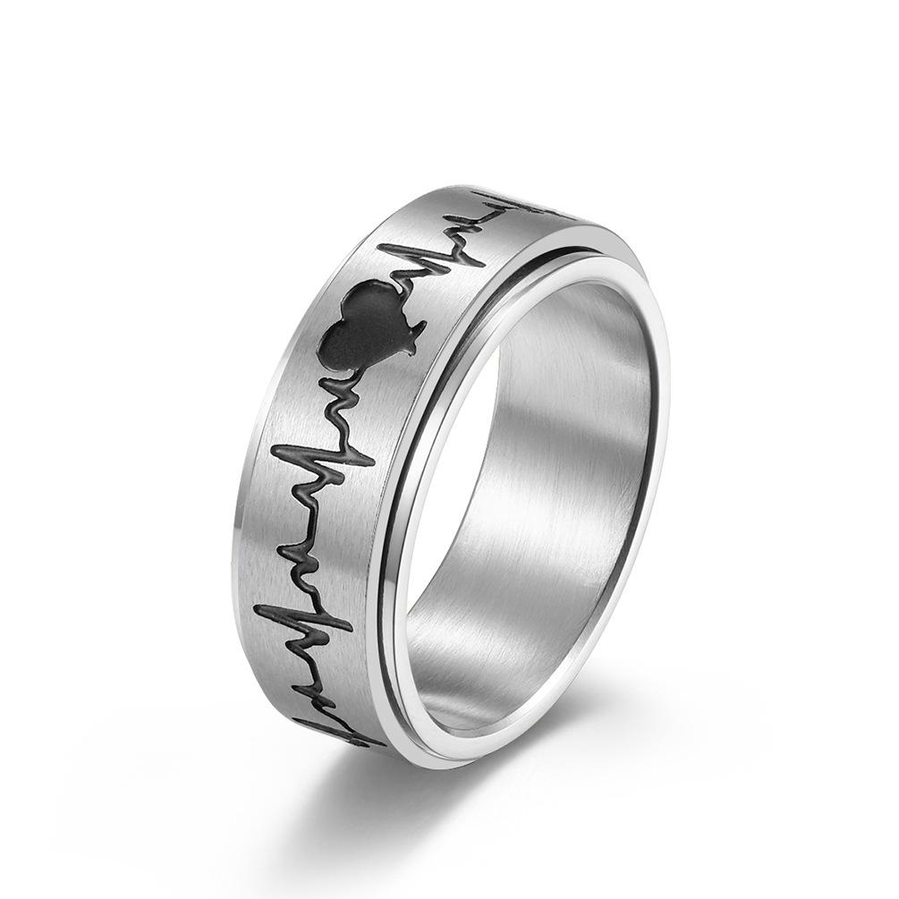 Titanium Steel Rotating Electrocardiogram Couple Ring, Heartbeat, Decompression, Stainless Steel Matching Ring, Hand Jewelry
