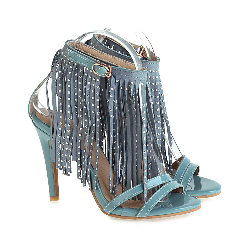 

White Fashion Women Tassel Sandals High Stiletto Heels Lady Shoes Round Toe Small Large Plus Size 33 50 39 зелений