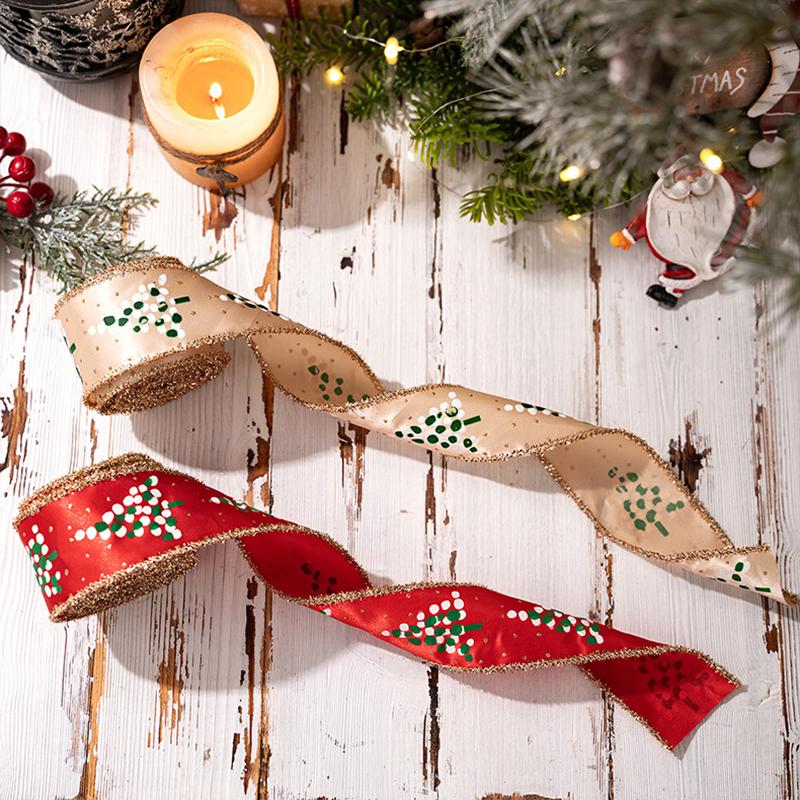 1PC Small Tree Pattern Festive Ribbon Embroidered Christmas Satin Ribbon 5mx5cm