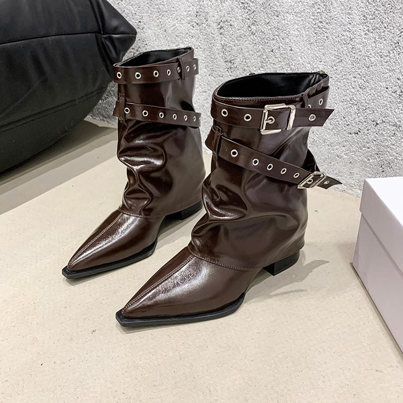 Fashion Autumn Vintage Thick Heel Women Western Cowgirl Boots Fashion Belt Buckle Ladies Elegant Slip On Mordern Mid Calf Booties