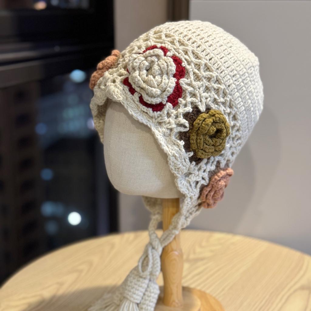 Korean Style Hand-knitted Flower Knitted Pullover Hat for Women In Autumn and Winter Warm Ethnic Style Travel Style Tassel Ear Protection Hat