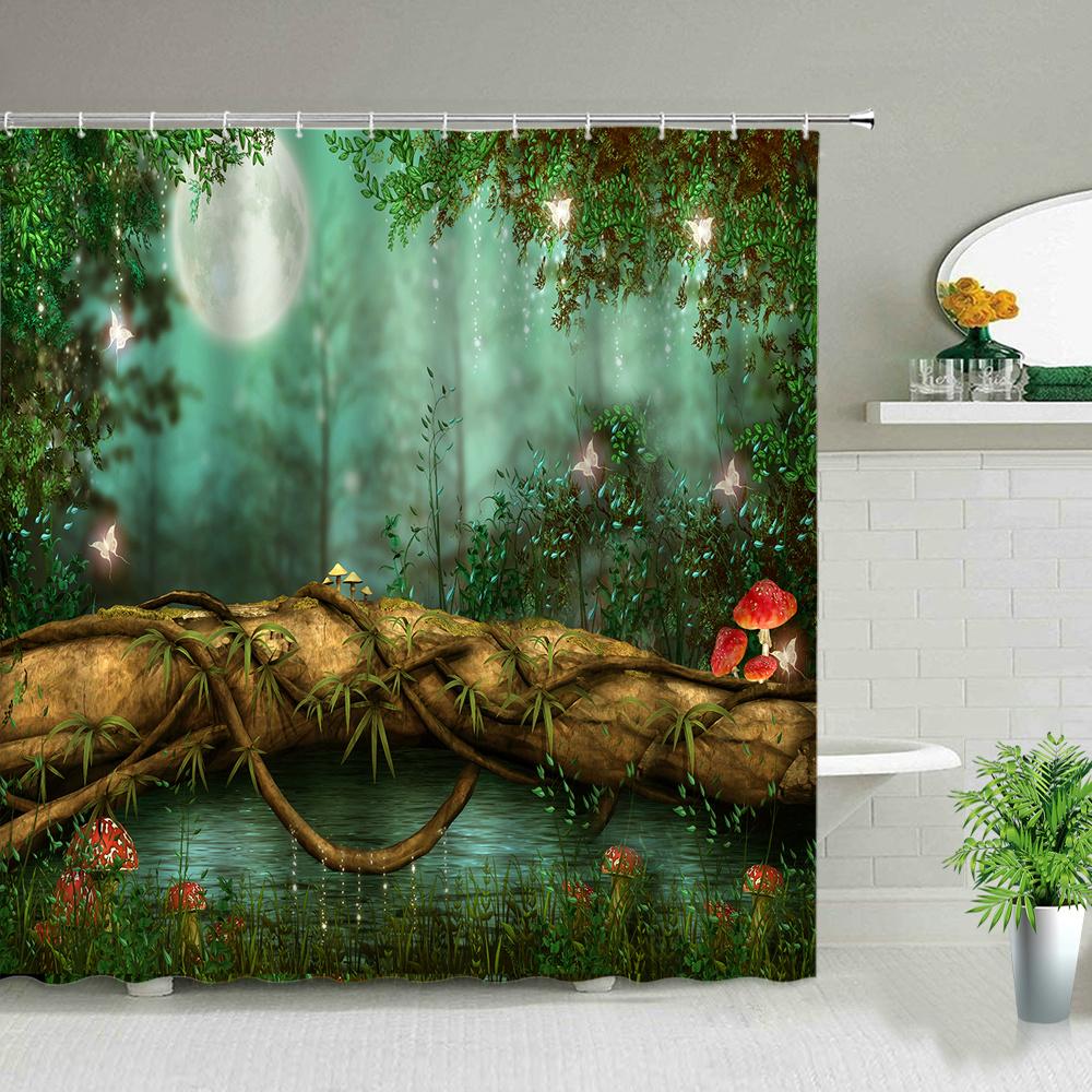 Fantasy Forest Shower Curtain Set Mystery Fairy Forest  Mushroom Flower Plant Home Bathroom Decor Curtains  Bath Accessory Set