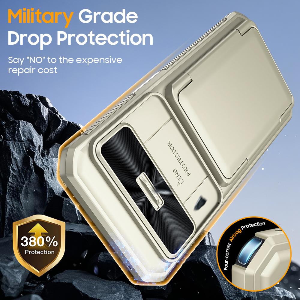 With Card Holder Sliding Camera Cover And Stand For Google Pixel 10 Pro XL Phone Case, Anti-Fall PC+TPU Wallet Case-Champagne