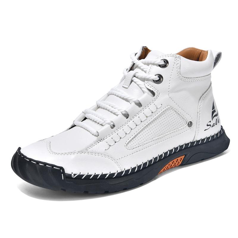 Women/ Men's PU Leather Boots, Men's Fashionable Handmade Stitched Ankle Boots, Flat Bottomed Lace Up Casual Shoes